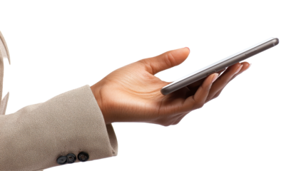 Hand holding a smartphone against a transparent background highlighting modern technology and digital communication