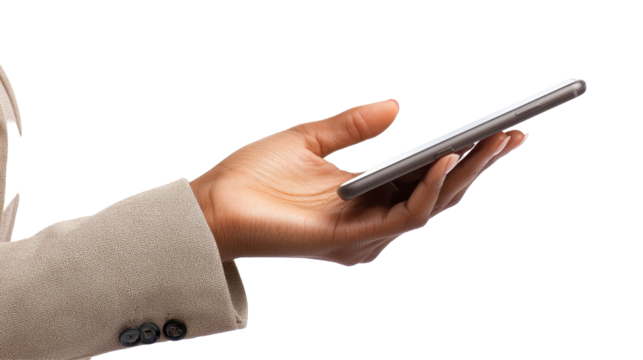 Hand holding a smartphone against a transparent background highlighting modern technology and digital communication