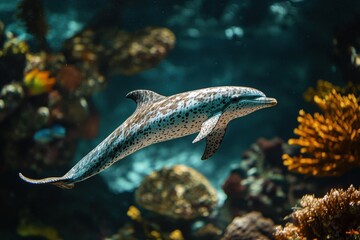Underwater image of solitary Atlantic spotted dolphin serene atmosphere