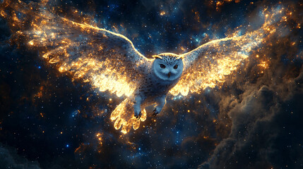 Obraz premium A cosmic owl with wings made of galaxies, soaring through space, symbolizing wisdom transcending the universe. 