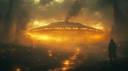 A man stands in front of a large, yellow UFO