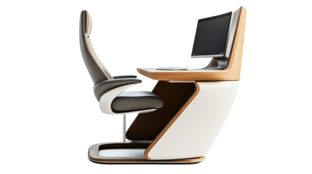 Modern office desk setup featuring a sleek chair, computer, and minimalist design against a transparent background