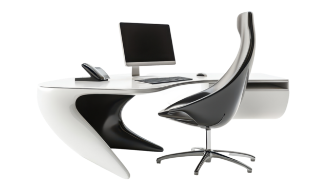 Modern office desk setup featuring a sleek chair, computer, and minimalist design against a transparent background