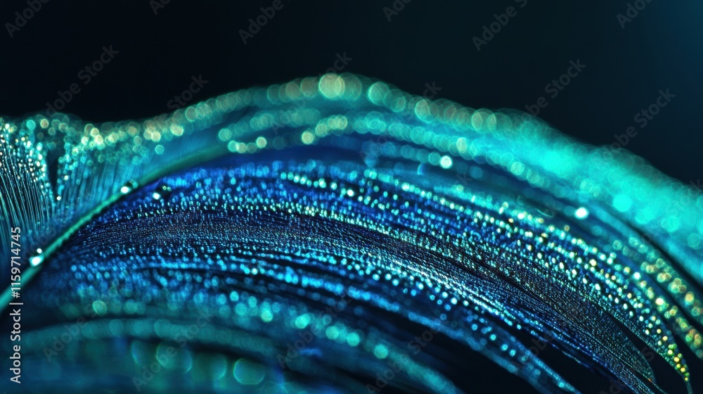Leinwandbilder Close up view of a peacock feather adorned with dew drops showcasing vibrant colors and textures in a serene setting. Generative AI