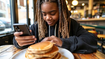 A young person sits at a breakfast bar enjoying pancakes and scrolling on their phone. Fat Tuesday, National Pancake Day