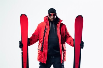 A fashionable man stands confidently with skis ready in a bright studio, showcasing winter style. World Snow Day