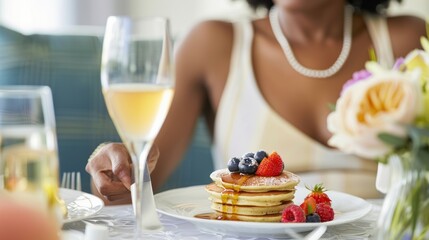 An African American woman joyfully serves a stack of pancakes topped with syrup and fresh fruits. Fat Tuesday, National Pancake Day