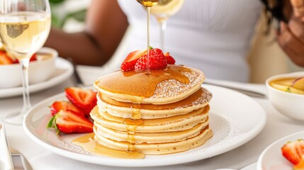 An African American woman serves a stack of pancakes, showcasing vibrant fruits and syrup. Fat Tuesday, National Pancake Day