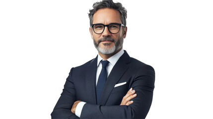 Confident middle-aged businessman in formal attire standing with arms crossed against a transparent background, showcasing professionalism and authority