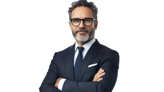 Confident middle-aged businessman in formal attire standing with arms crossed against a transparent background, showcasing professionalism and authority