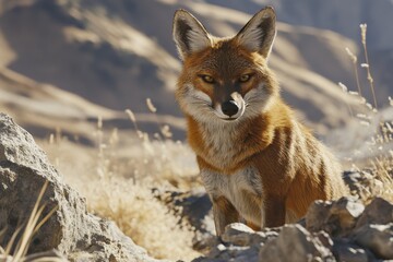Obraz premium Adult dhole in rocky landscape exhibits strength and alertness