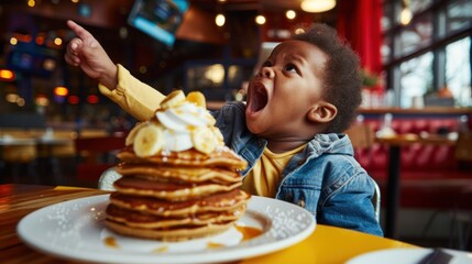 A toddler displays excitement while pointing at a towering stack of pancakes with toppings. Fat Tuesday, National Pancake Day