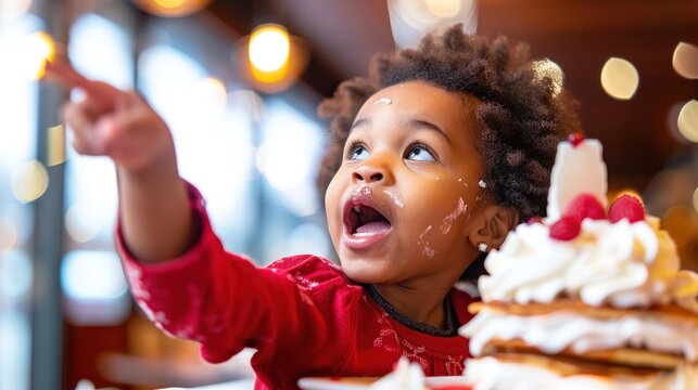 Young child enthusiastically points at a stack of pancakes topped with cream and fruit - Powered by Adobe