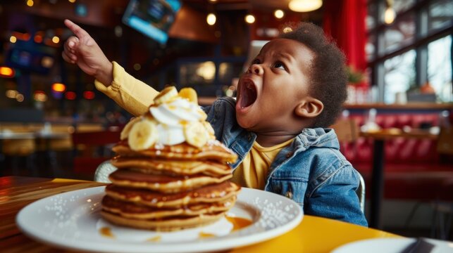 A toddler displays excitement while pointing at a towering stack of pancakes with toppings. Fat Tuesday, National Pancake Day - Powered by Adobe