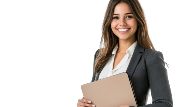 Professional woman with glasses smiles confidently while holding documents in a business setting against a transparent background