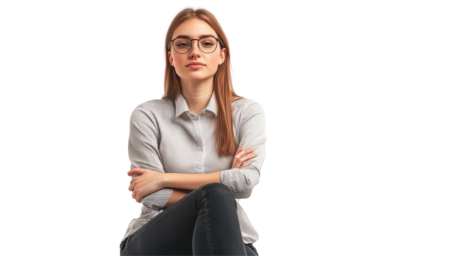 Confident young professional woman sitting with arms crossed in a casual office environment showcasing self-assured demeanor and modern style
