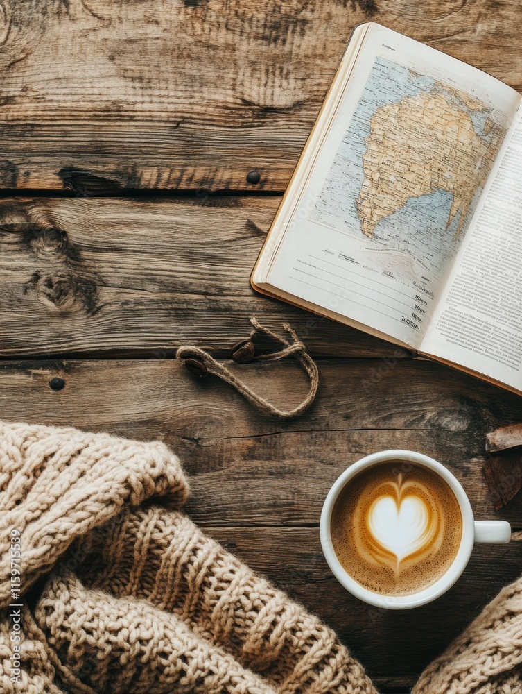 Poster cozy travel flatlay featuring a cup of coffee and an open travel guide on a wooden table. generative
