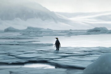 Naklejka premium Majestic Emperor penguin on Antarctic ice in soft light