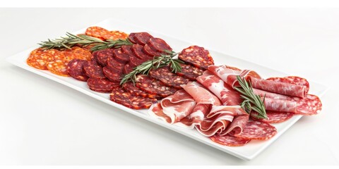 Variety of cured meats arranged on a square tray.