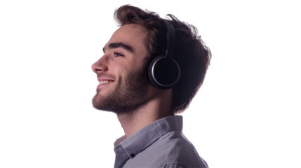 Man enjoying music with wireless headphones against a transparent background showcasing a joyful expression