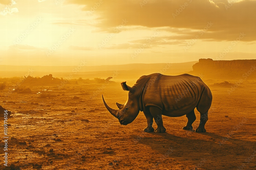 Aufkleber close up of a rhino standing in a barren savanna at sunset with room for text. generative ai