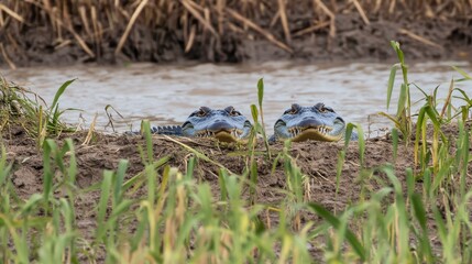 Obraz premium Two Alligators Peeking Through Tall Grass on Riverbank