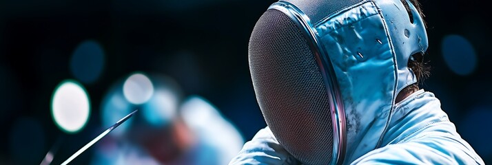 Close-up of a focused male fencer in a white uniform with a mask, ready for an intense match.