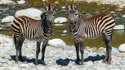 Naklejka premium Two Zebras on Rocky Riverbank in Soft Natural Light