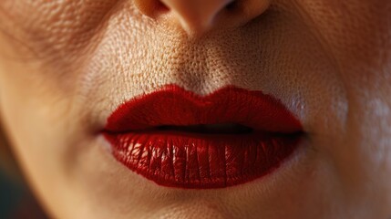 Obraz premium Close-up of woman wearing vivid red lipstick, highlighting her lips in detail.