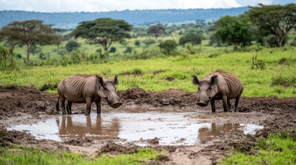 Fototapeta premium Wild Animals Play in Mud Pool Surrounded by Bushland