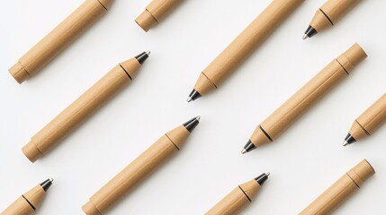 A collection of eco-friendly brown pens arranged neatly on a white background.