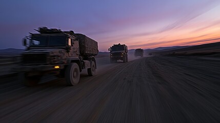 Fototapeta premium Action in Motion: Military Trucks at Dusk