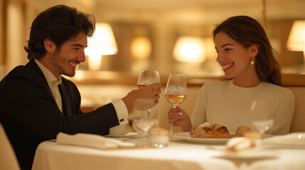Celebrating romance couple toasting with glasses of wine upscale restaurant elegant dining intimate setting close-up perspective