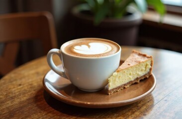 coffee shop promotion, poster for lifestyle, menu design. mocha mousse cappuccino paired with slice of cake on wooden plate in minimalist cafe, cozy, inviting vibe.