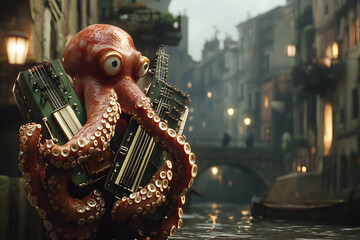 A whimsical 3D rendering of an octopus musician in Venice, cradling guitars, with a moody, atmospheric backdrop.
