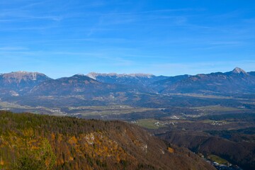 View of plains bellow Karavanke mountains in Gorenjska, Slovenia