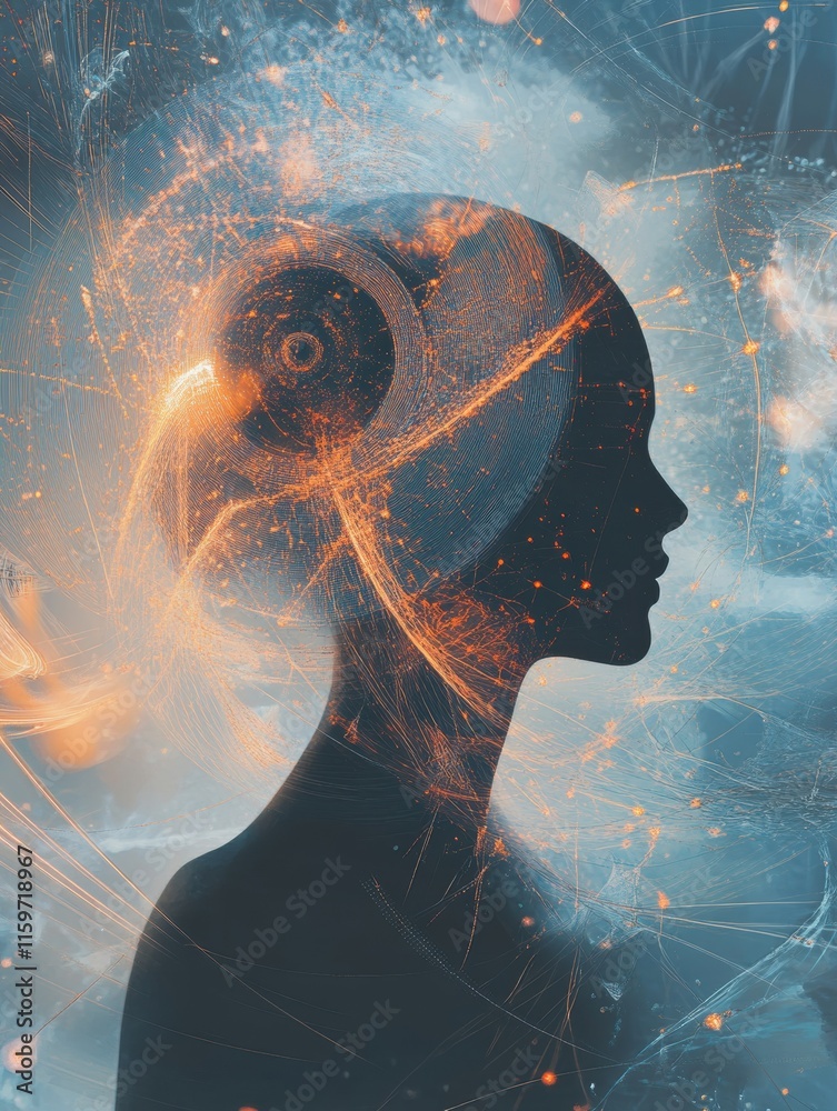 Fototapete Silhouette surrounded by an abstract whirlwind of lines and spirals representing feelings of loneliness at dusk. Generative AI