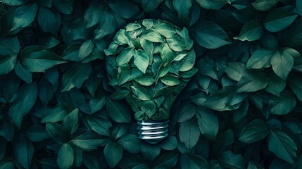 Fototapeta premium A light bulb made of green leaves, symbolizing sustainability and eco-friendliness amidst lush greenery.