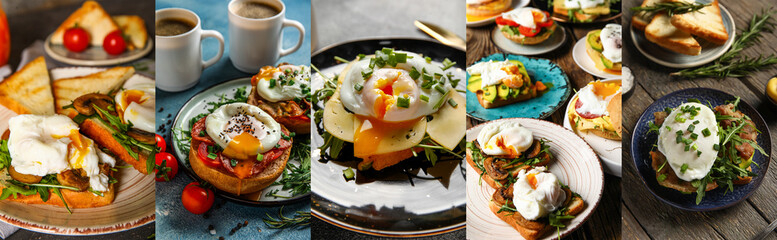 Collage of many tasty eggs Benedict