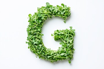 A capital G is formed by fresh green arugula sprouts against a white backdrop
