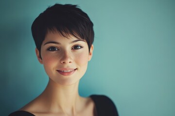 Fototapeta premium A depiction of a joyful young woman with short hair