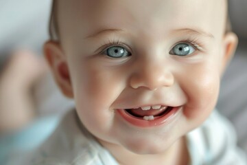Happy and smiling newborn with blue eyes, symbolizing joy and innocence.
