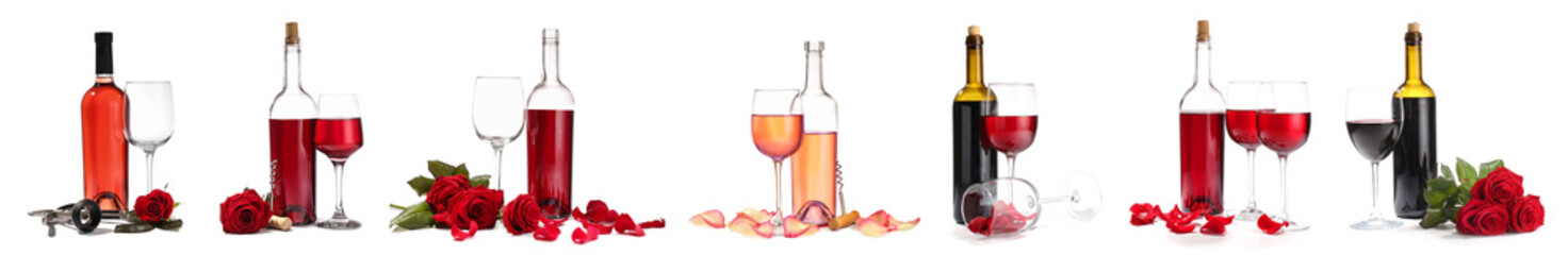 Set of wine and roses on white background. Valentine's Day celebration