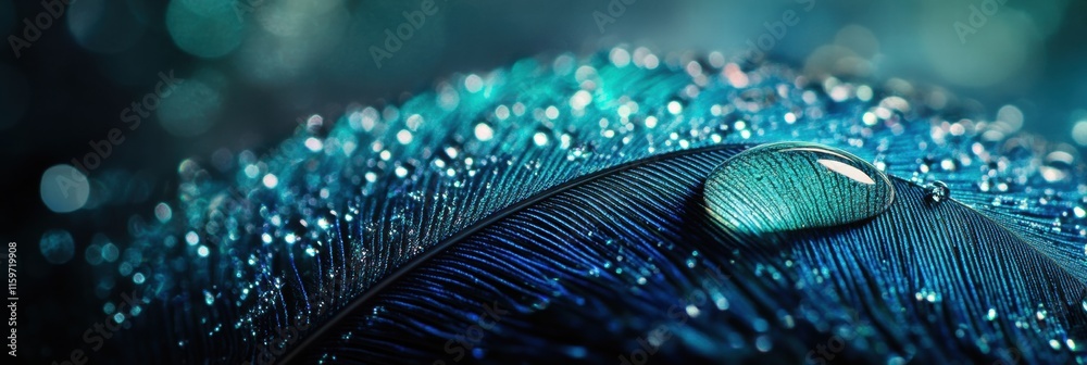 Aufkleber close up of peacock feather adorned with dew drops capturing morning light and vibrancy in a serene 