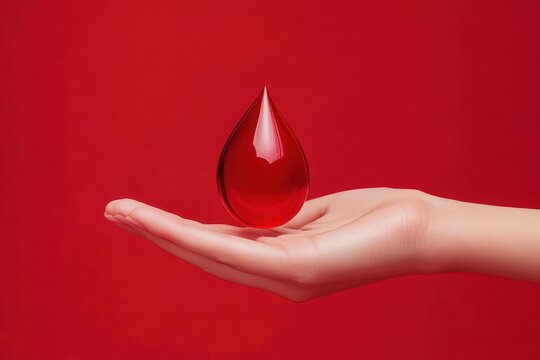 A hand grips a blood drop against a red backdrop highlighting awareness of blood disorders like anemia and leukemia along with blood donation