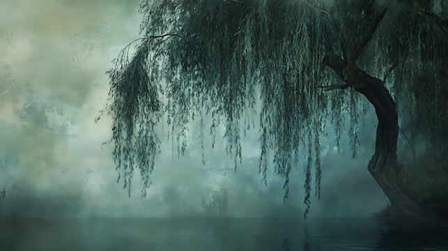 Serene yet sorrowful image of a weeping willow tree, with its drooping branches and leaves reflecting a state of mourning and reflection. Willow. Illustration