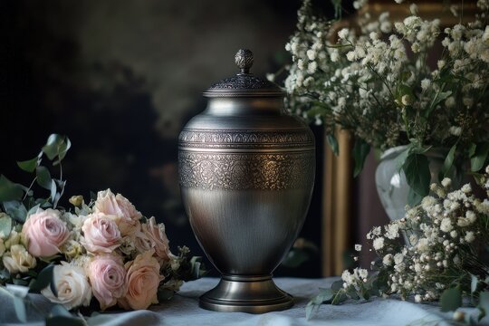 A memorial service features a metal urn holding cremated remains flanked by funeral directors and adorned with a lovely bouquet