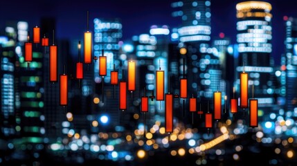 Market fluctuations analysis financial district data visualization urban nightscape aerial perspective economic trends