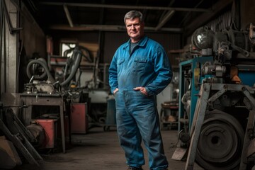Portrait of a senior caucasian male mechanic standing with hands in pockets in a cluttered workshop