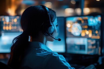 A remote support agent with a headset manages customer inquiries and delivers effective solutions from her desk
